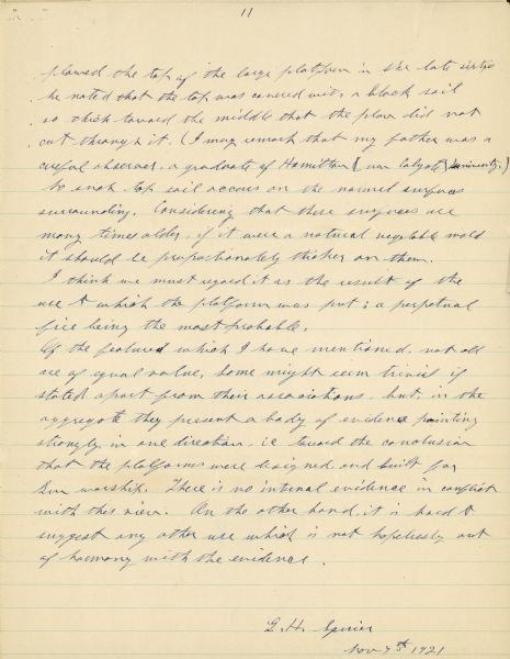 The last, signed page of an 11-page manuscript titled "The Platforms at Trempeleau."