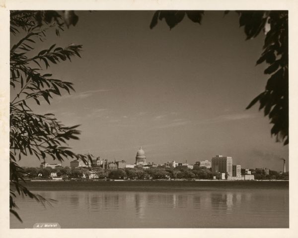 A tree-framed view of the Wisconsin State Capitol from the shore of Lake Monona.