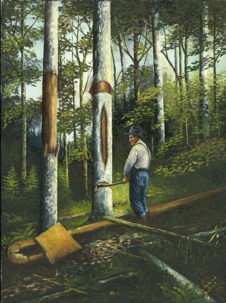 An Ojibwa man prepares to fell a tree to use in the construction of a canoe.