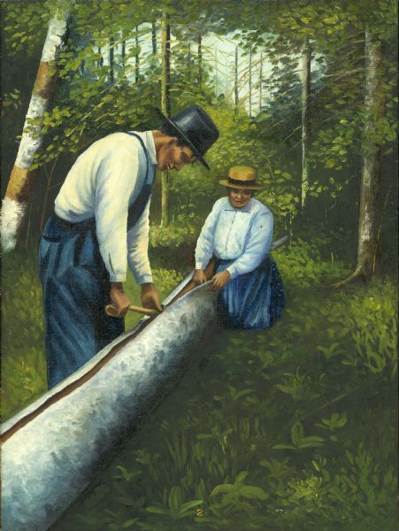 An Ojibwa man and woman slit the bark on a tree as they prepare to peel it off for use in the construction of a canoe.