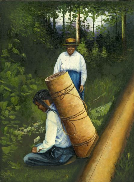 An Ojibwa man sits on the ground tying cedar materials with wigub as a woman looks on. The cedar will be used in the construction of a canoe.