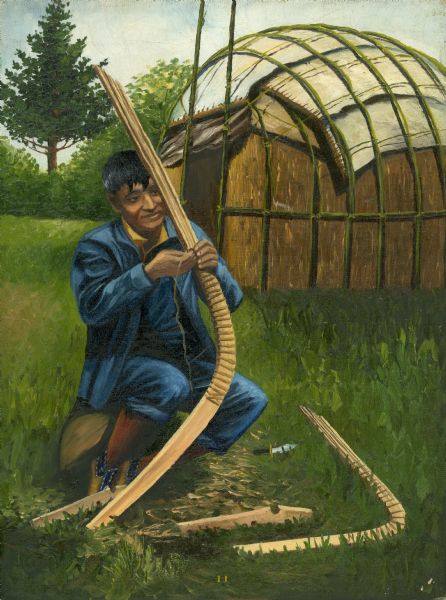 An Indian man sits in front of a dwelling forming a bow or stem for a canoe that he's making. In the background is a wigwam (or wetu).