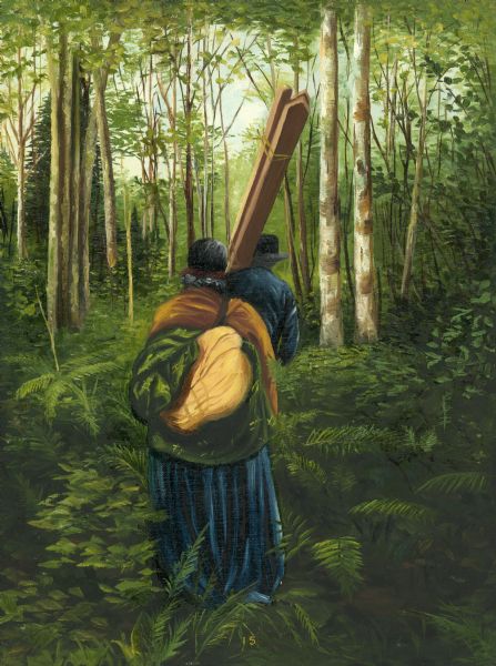 An Ojibwa man and woman carry wood and roots gleaned from the forest to be used in the construction of a canoe.