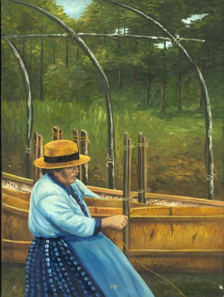 An Ojibwa woman reinforces bark during canoe-building by sewing weak points.
