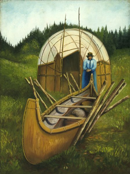 A canoe under construction is weighted down by rocks placed inside the vessel. The canoe is in a frame and an Ojibwa woman stands behind it.