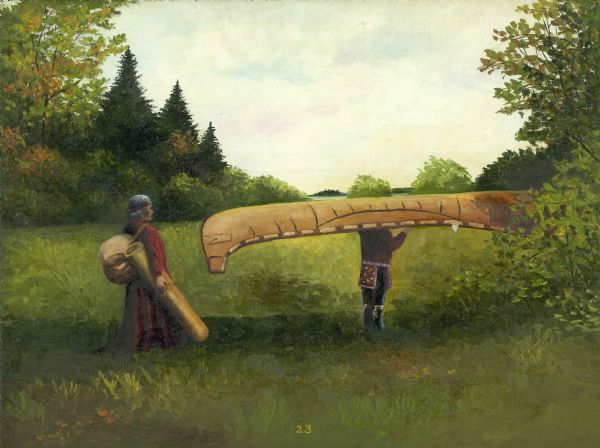 An Ojibwa man carries a canoe on his head and shoulders. An Ojibwa woman walks behind him carrying materials on her back.