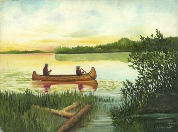 An Ojibwa man and woman paddle a canoe on a lake at sunset.