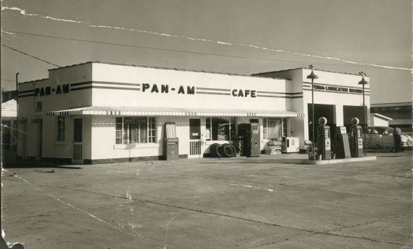 Exterior view of the Pan-Am Cafe, attached to a gas station.
