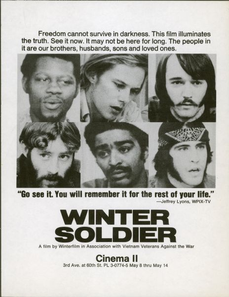 Flyer advertising the film "Winter Soldier," featuring six head shots of young men.