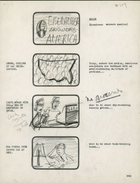 Four panels of a sketched storyboard for the Eisenhower TV spot campaign. The first panel contains the slogan, "Eisenhower Answers America!"