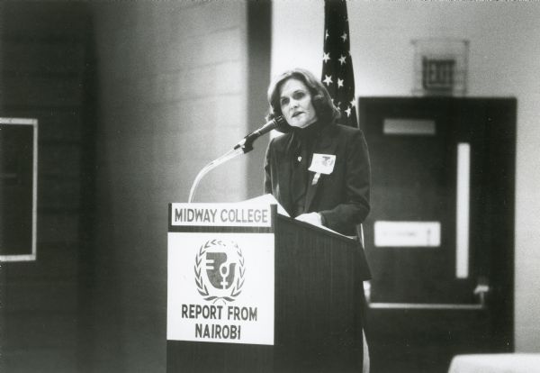 Sarah Harder speaking at Midway College for a daylong event titled "Report from Nairobi." Ms. Harder was an advocate for equal rights.
