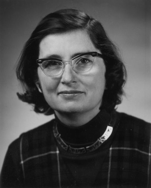 Head and shoulders portrait of Mary Lou Munts. She was elected to the State Assembly in 1972, and was co-sponsor of an equal rights bill that eliminated sex-based references from state statutes.