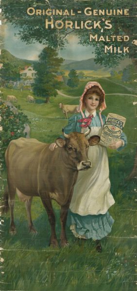 Advertisement featuring a young girl dressed in a blue dress with a white apron, red necktie, and pink bonnet. The girl is holding a box of Horlick's Malted Milk in her left arm and has her right arm resting on a brown heifer. At the girl and heifer's feet are blue and red flowers. In the background is a white farmhouse, three more cows, trees, and rolling hills.