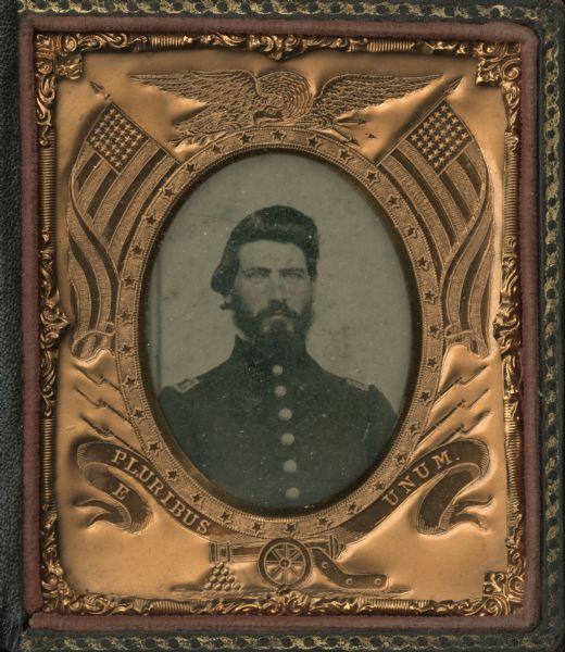 Sixth plate ferrotype/tintype oval-framed portrait of Doctor James T. Reeve, assistant surgeon, 10th Wisconsin, Surgeon of the 21st Wisconsin. Quarter-length portrait taken while in service in the south. Hand-coloring on cheeks.