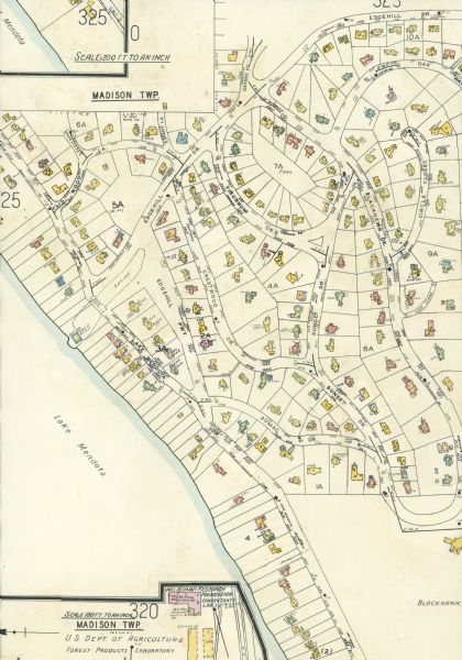 Detail of a Madison Sanborn Map showing the Lake Mendota shoreline. The area shown is between the Blackhawk Country Club and Eagle Heights Woods.