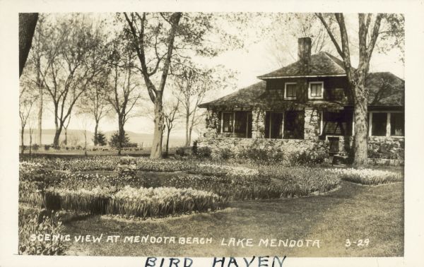 View of a bulb garden in front of a house near Lake Mendota. The far shoreline is in the background. The words "Bird Haven" are written in ink at the bottom.