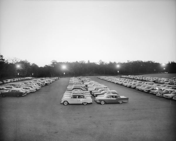 A night view of automobiles in the parking lot at the Stand Rock Amphitheater, where the Stand Rock Indian Ceremonial is performed.