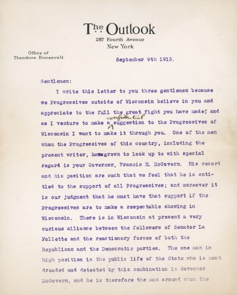 First page of a three page letter, written by Theodore Roosevelt on the letterhead of "The Outlook," a weekly magazine.