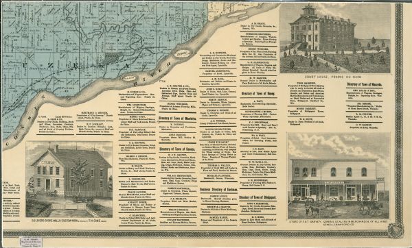 The bottom right corner of a map of Crawford County. This portion of the map includes town directories and illustrations of the Court House in Prairie Du Chien, Store of E & T Garvey in Seneca, and Soldiers Grove Mills.