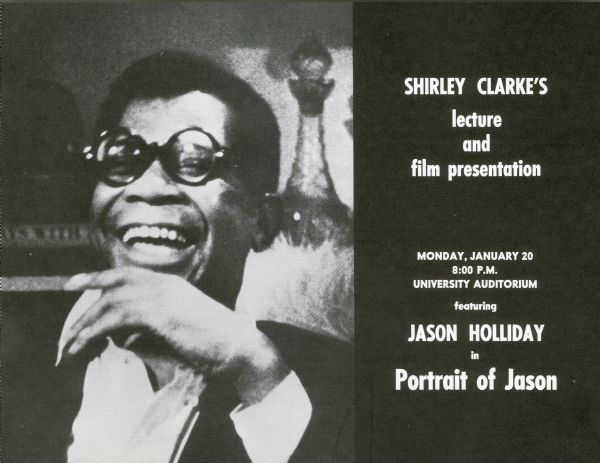 Flyer for a screening of the film "Portrait of Jason," with a lecture by Shirley Clarke at the University Auditorium at Kent State on January 20, 1969. Includes a portrait of Jason Holliday laughing.