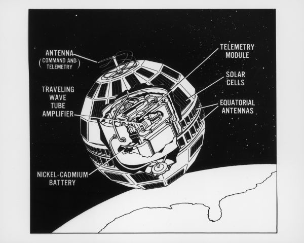 A cutaway drawing of the Bell System's experimental Telstar communications satellite.