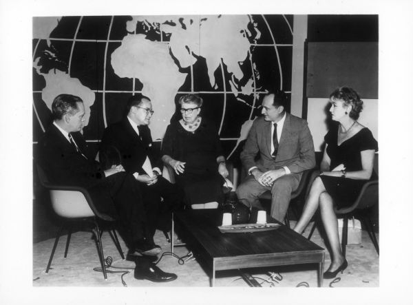 Newton Minow joins Eleanor Roosevelt and others on her television show "Prospects of Mankind." From left to right are: John F. White, president of the National Educational Television and Radio Center; Newton Minow, chairman of the Federal Communications Commission; Mrs. Roosevelt; Irving Gitlin, executive producer, creative projects, NBC News and Marya Mannes, critic and writer for <i>The Reporter</i>.