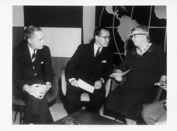 John F. White, president of National Educational Television and Radio Center (left), and Newton Minow, F.C.C. chairman (center) join Eleanor Roosevelt in a discussion of "New Vistas For Television" on her National Educational Television show "Prospects of Mankind."