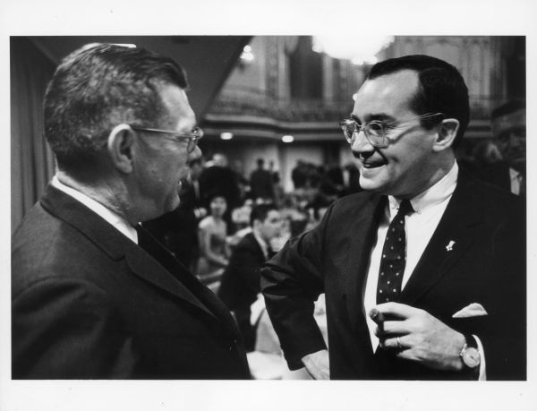 James Hagerty (left) has a discussion with Newton Minow.