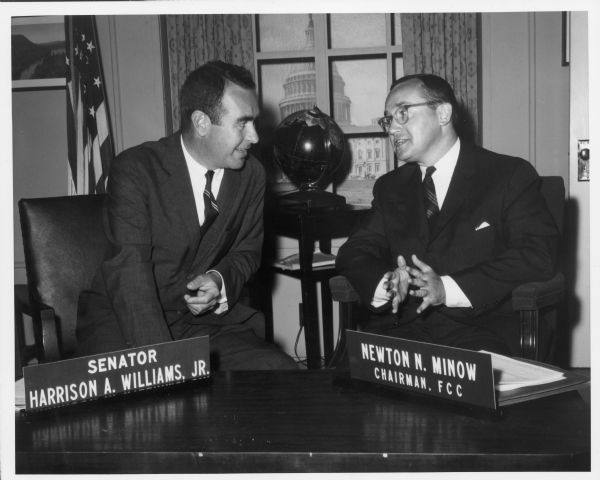 John F. White (left) and Newton Minow sit together as they appear on Eleanor Roosevelt's television show "Prospects of Mankind."