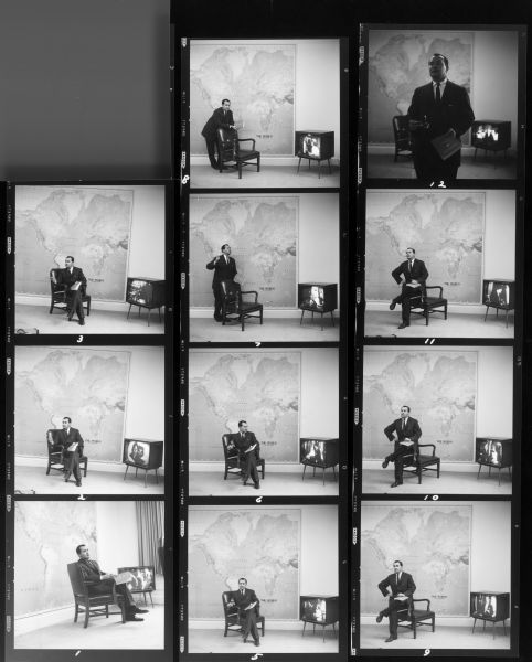 Contact sheet of a photo shoot featuring Newton Minow, holding his eyeglasses and a book and posing with a chair and a television. A large world map is on the wall.
