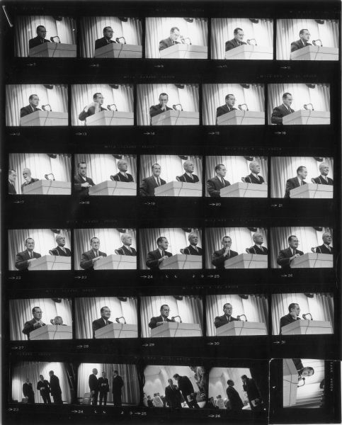 Contact sheet of images of Newton Minow at a podium speaking at the Annenberg School of Communications at the University of Pennsylvania.