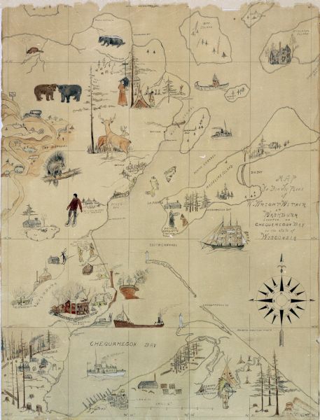 Manuscript map of the Chequamegon Bay area on Lake Superior drawn by Warren W. Witmer and illustrated with sketches by Mary L. Wright Witmer in ink and watercolor. Sketches include the Witmer homes, scenes from area towns, animals of the region, historical scenes, area landmarks, and figures illustrating transportation and recreational pursuits.