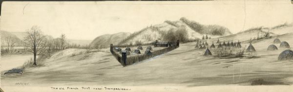 Drawing, with watercolor added, of a French fort next to a body of water with a large hill in the background. There are canoes at the water's edge. Structures outside of the fort may be teepees.