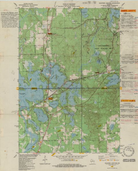 This standard U.S.G.S. topographic map was annotated by civil engineer and railroad historian James P. Kaysen to show the location of existing and defunct rail lines around the communities of Heafford Junction and Manson.