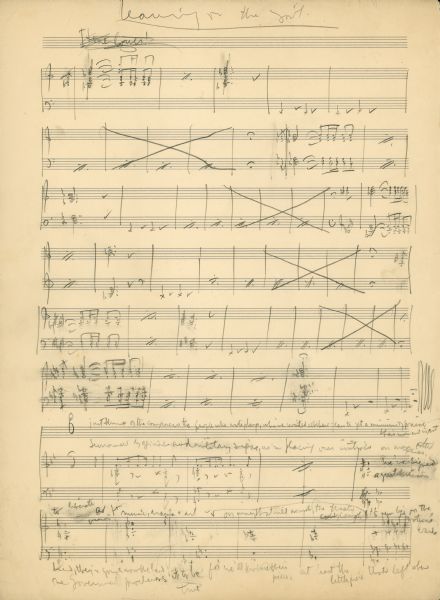 One page of a handwritten musical sketch by Marc Blitzstein for "The Cradle Will Rock." The words, "Leaving in the (illegible word)" are written at the top of the page.