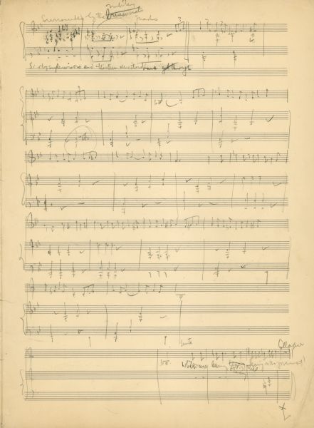 The second page of a musical sketch by Marc Blitzstein for "Cradle Will Rock." The words, "Surrounded by military guards" are written at the top of the page.
