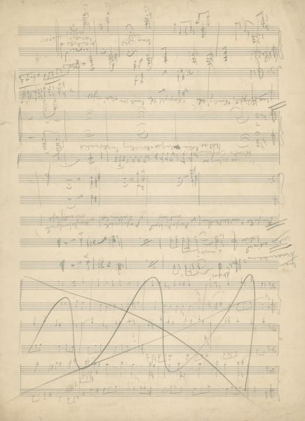 The third page of a musical sketch by Marc Blitzstein for "Cradle Will Rock." The top section of the music is crossed out.
