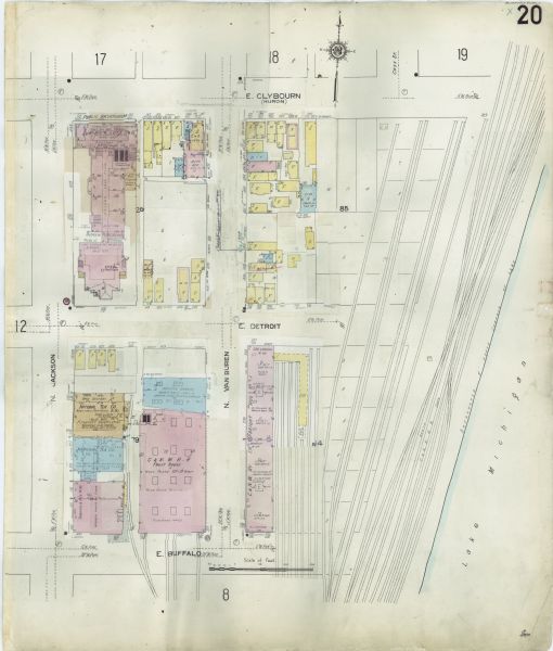 A Sanborn insurance map of Milwaukee, including the shore of Lake Michigan.