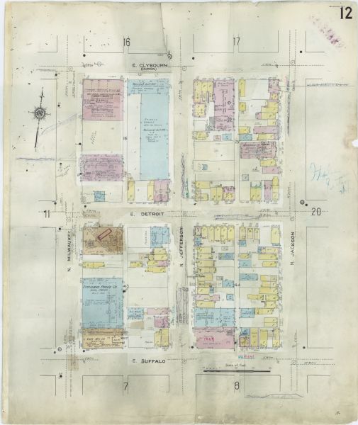 A Sanborn insurance map of a section of Milwaukee, including East Clybourn and East Buffalo Streets. "Italian Section 3/4/30" is written on the page in blue ink.