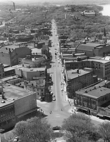 Elevated view of State Street from the Wisconsin State Capitol building. Lake Mendota is on the far right.