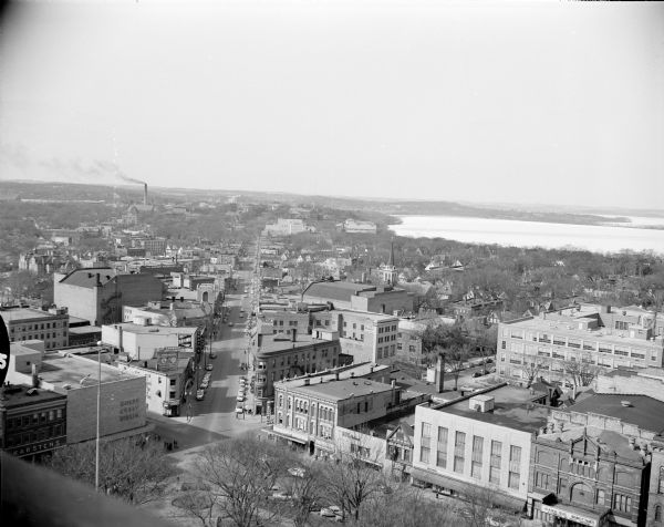 Elevated view from the Wisconsin State Capitol looking west up State Street toward the University of Wisconsin. Frozen Lake Monona is on the right.
