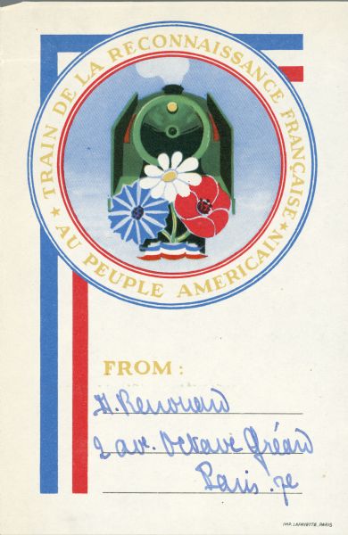 Card with emblem reading: "Train de la Reconnaissance Francaise au Peuple Americain," with a name and return address in Paris.