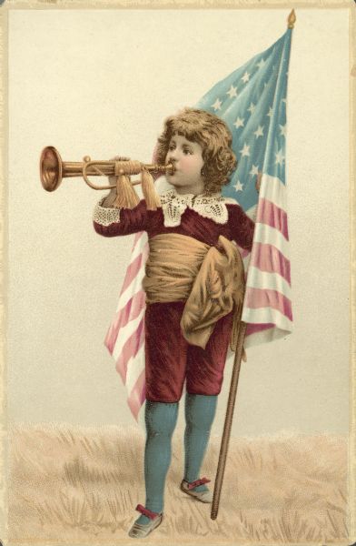 Chromolithograph depicting a young bugler holding a bugle to his mouth. With his left hand, he is holding an American flag on a pole, with the flag partly wrapped around him. He is standing in grass and is wearing a Little Lord Fauntleroy outfit, which was popular between 1885 and 1895.