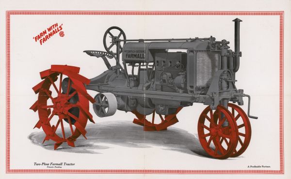 Section of top of advertising poster for the McCormick-Deering Farmall Regular tractor, featuring a color illustration of the tractor and descriptive text.
