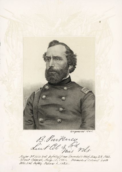 Engraved quarter-length portrait, framed in a decorative matte, of Lieutenant Colonel Bertine Pinckney in uniform.