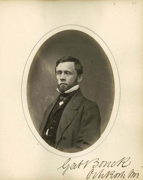 Waist-up oval-framed portrait of Gabriel Bouck.