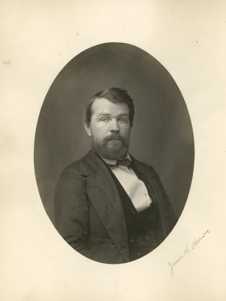 Oval-framed waist-up portrait of James Howe.