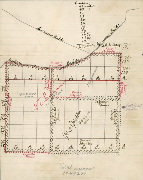 Hand-drawn map detailing acreage of land leased by G.E. Lemmon and J. Walker.