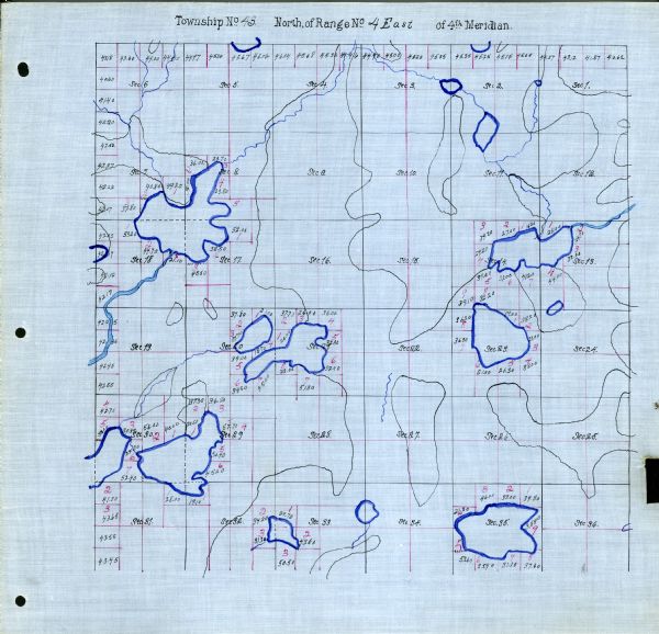 A plat map drawn in blue and red ink of township No. 43 North of Range No. 4 East of 4th Meridian. 