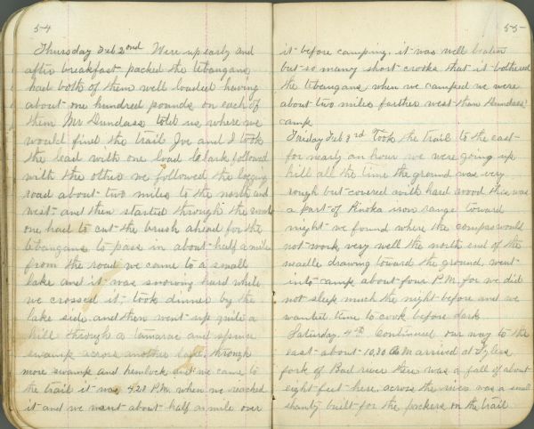 Pages 54 and 55 of the diary kept by John H. Goddard on a timber cruising trip.